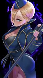 Rule 34 | 1girl, absurdres, ass, baton (weapon), blonde hair, blue eyes, blue hat, breasts, eyeliner, falke (street fighter), garrison cap, green eyeliner, green lips, green nails, hair over one eye, hat, highres, holding, holding weapon, large breasts, long sleeves, looking at viewer, makeup, sato one1, short hair, street fighter, street fighter v, weapon, wide sleeves