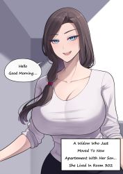 Rule 34 | 1girl, absurdres, band-width, blue eyes, breasts, brown hair, collarbone, english text, hair tie, highres, huge breasts, long hair, open mouth, original, shirt, side ponytail, sleeves rolled up, smile, solo, speech bubble, white shirt