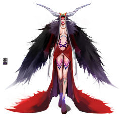 Rule 34 | 1990s (style), 1girl, breasts, cleavage, dress, female focus, final fantasy, final fantasy viii, full body, fur collar, gloves, grey hair, horns, long dress, long hair, makeup, midriff, navel, plusnine, red dress, retro artstyle, solo, ultimecia, very long hair, white background