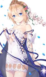 Rule 34 | 1girl, bare shoulders, blonde hair, blue cape, blue eyes, breasts, cape, cleavage, collarbone, commentary request, covered navel, dress, europa (granblue fantasy), fingernails, flower, granblue fantasy, hair between eyes, hair flower, hair ornament, hair ribbon, highres, kon (k0n16), medium breasts, nail polish, parted lips, petals, purple flower, purple rose, red flower, red rose, ribbon, rose, short dress, short hair, simple background, sleeveless, sleeveless dress, solo, strap slip, tiara, white background, white dress, white ribbon