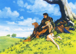 Rule 34 | 1990s (style), 1boy, 1girl, armored boots, barefoot, blonde hair, boots, unworn boots, day, deedlit, unworn footwear, hill, long hair, nature, official art, outdoors, parn (lodoss), pointy ears, record of lodoss war, retro artstyle, sack, sheath, sheathed, sitting, sword, weapon, yuuki nobuteru