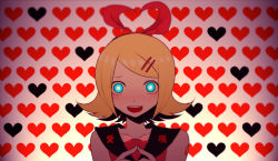 Rule 34 | 1girl, bad id, bad pixiv id, blonde hair, blush, harano, heart, kagamine rin, looking at viewer, open mouth, short hair, smile, solo, vocaloid