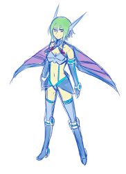 Rule 34 | 1girl, bare shoulders, boots, breasts, cleavage, cosplay, crossover, digimon, digimon world re:digitize, elbow gloves, female focus, finalelysion, gloves, green hair, kamui (kill la kill), kill la kill, living clothes, midriff, navel, orange eyes, royal knights, shinomiya rina, short hair, sketch, small breasts, smile, thigh boots, thighhighs, ulforcev-dramon