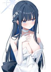 Rule 34 | 1girl, bare shoulders, blue archive, blue hair, blush, breasts, cleavage, closed mouth, dark blue hair, dress, earrings, elbow gloves, flower, gloves, grey eyes, hair flower, hair ornament, halo, highres, jewelry, large breasts, long hair, looking to the side, multicolored hair, official alternate costume, saori (blue archive), saori (dress) (blue archive), sidelocks, simple background, solo, two-tone hair, white background, white dress, white flower, white gloves, yon (letter)