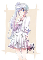 Rule 34 | 1girl, bag, blue eyes, coat, dress, floral print, handbag, highres, hikasa youko, iesupa, jewelry, long hair, looking at viewer, necklace, ponytail, rwby, scar, scar on face, voice actor connection, weiss schnee, white coat, white dress, white hair