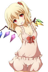 Rule 34 | 1girl, :d, bad id, bad pixiv id, bare shoulders, blonde hair, bloomers, blush, bra, breasts, camisole, cleavage, collarbone, cowboy shot, enushi (toho193), eyebrows, fangs, flandre scarlet, head tilt, highres, looking at viewer, neats, one side up, open mouth, red eyes, side ponytail, simple background, small breasts, smile, solo, strap slip, touhou, underwear, underwear only, white background, white bloomers, white bra, wings