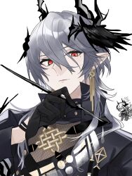 Rule 34 | 1boy, absurdres, arknights, black gloves, black jacket, chibi, chibi inset, demon boy, demon horns, earrings, feather hair ornament, feathers, frown, gloves, grey hair, hair ornament, hand up, high collar, highres, holding, holding wand, horns, jacket, jewelry, logos (arknights), looking at viewer, male focus, medium hair, mole, mole under eye, pointy ears, red eyes, simple background, wand, white background, yakota (usuk-yako)