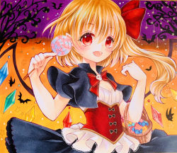 Rule 34 | 1girl, absurdres, alternate costume, bat (animal), bat wings, black bow, black cape, black dress, blonde hair, blush, bow, bowtie, branch, breasts, candy, cape, crystal, dress, flandre scarlet, flying, food, frills, gradient background, hair between eyes, hair ribbon, hairband, halloween, hands up, highres, jewelry, lolita hairband, looking at viewer, marker (medium), multicolored background, multicolored wings, no headwear, one eye closed, open mouth, orange background, pumpkin, purple background, red bow, red bowtie, red dress, red eyes, red ribbon, ribbon, short hair, short sleeves, skull, small breasts, smile, solo, standing, star (symbol), starry background, tongue, touhou, traditional media, tree, user jtnp5334, white dress, wings, yellow background