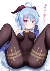 Rule 34 | 1girl, ahoge, bell, black leotard, black pantyhose, blue gloves, blue hair, blush, bodystocking, bodysuit, breasts, cameltoe, cleft of venus, covered navel, crotch, ganyu (genshin impact), genshin impact, gloves, groin, hand on own thigh, highres, horns, kirisame mia, leotard, leotard under clothes, long hair, looking at viewer, lying, medium breasts, neck bell, on back, paid reward available, pantyhose, purple eyes, sidelocks, solo, spread legs, sweatdrop, thighlet, thighs, translation request, white background