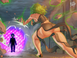 Rule 34 | 1boy, 1girl, ass, bare shoulders, battle, black dress, black footwear, breasts, butt crack, cloud, cloudy sky, creator connection, crossover, curly hair, debris, dress, ecchisage, floating, from behind, green hair, kageyama shigeo, long sleeves, medium breasts, mob psycho 100, no panties, one-punch man, outdoors, patreon logo, patreon username, psychic, short hair, sideboob, sky, tatsumaki, telepathy, torn clothes, y shaped butt crack