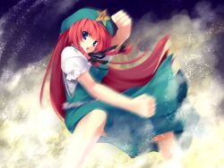 Rule 34 | 1girl, action, blue eyes, braid, breasts, clenched hands, embodiment of scarlet devil, female focus, green hat, hair ornament, hair ribbon, hat, highres, hong meiling, long hair, looking at viewer, motion blur, neck ribbon, open mouth, puffy short sleeves, puffy sleeves, red hair, ribbon, shirt, short sleeves, solo, star (symbol), star hair ornament, touhou, twin braids, wallpaper, white shirt