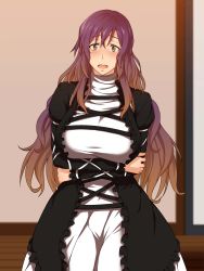 Rule 34 | 1 (kawaseha), 1girl, blush, breast hold, breasts, brown hair, cross-laced clothes, crossed arms, gradient hair, highres, hijiri byakuren, large breasts, long hair, long sleeves, looking at viewer, multicolored hair, open mouth, purple hair, solo, touhou, turtleneck, two-tone hair, yellow eyes
