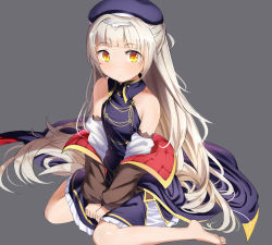 Rule 34 | 1girl, azur lane, bare shoulders, barefoot, beret, blush, breasts, commentary request, cross, hair ornament, hat, highres, iron cross, long hair, looking at viewer, silver hair, simple background, sitting, small breasts, solo, very long hair, wan (calvin840203), wariza, yellow eyes, z46 (azur lane)