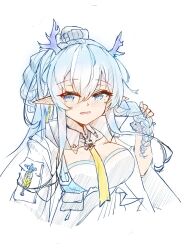 Rule 34 | 1girl, :d, arknights, blue eyes, blue hair, braid, breasts, cleavage, cropped torso, detached collar, douya dada, dragon horns, earrings, hand in own hair, highres, horns, jewelry, large breasts, ling (arknights), long hair, long sleeves, looking at viewer, necktie, open mouth, pointy ears, shirt, simple background, single braid, smile, solo, upper body, white background, white shirt, wide sleeves, yellow necktie
