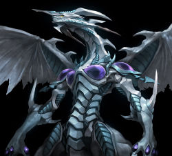 Rule 34 | black background, dragon, duel monster, feet out of frame, glowing, glowing eyes, looking to the side, no humans, simple background, spread wings, stardust dragon, taedu, white scales, yellow eyes, yu-gi-oh!, yu-gi-oh! 5d&#039;s