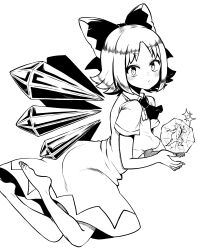 Rule 34 | 1girl, absurdres, barefoot, bow, bowtie, cirno, closed mouth, detached wings, dress, frog, from side, frozen frog, full body, hair bow, high contrast, highres, himajin noizu, ice, ice wings, looking at viewer, monochrome, short hair, simple background, solo, touhou, wings