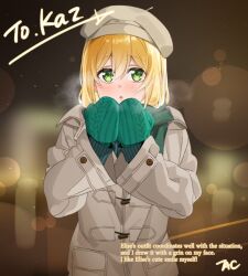 Rule 34 | 1girl, :o, blonde hair, coat, commentary request, commission, english text, green eyes, green mittens, green sweater, grey coat, hair between eyes, long sleeves, mittens, original, parted lips, skeb commission, solo, sweater, taku pi