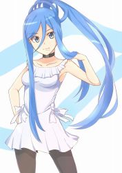 Rule 34 | 10s, 1girl, aoki hagane no arpeggio, black pantyhose, blue eyes, blue hair, breasts, choker, dress, hair between eyes, hand on own hip, long hair, matching hair/eyes, medium breasts, mole, mole under mouth, pantyhose, personification, ponytail, simple background, solo, takao (aoki hagane no arpeggio), very long hair, white background, white dress, yagara (kishimen f)