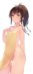 Rule 34 | 1girl, absurdres, blush, breasts, brown eyes, brown hair, convenient censoring, covering privates, highres, long hair, naked towel, nude, nude cover, ponytail, por (downletgo), simple background, small breasts, smile, solo, standing, to love-ru, towel, water, water censor, white background, yellow towel, yuuki mikan