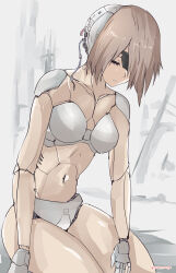 Rule 34 | 1girl, absurdres, android, breasts, brown hair, cable, closed eyes, commentary request, damaged, grey background, highres, mechanical parts, medium breasts, navel, nier (series), nier:automata, nude, rasen manga, short hair, solo, torn blindfold