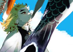 Rule 34 | 1boy, blonde hair, blue sky, cape, closed mouth, colored tips, day, demon slayer uniform, floating hair, forked eyebrows, from side, highres, kimetsu no yaiba, koinobori, looking away, looking up, male focus, medium hair, multicolored hair, ohagigaumai, red eyes, red hair, rengoku kyoujurou, sky, smile, solo, streaked hair, upper body, white cape, wind, windsock