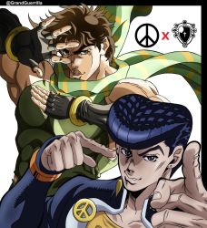 Rule 34 | 2boys, adapted uniform, aqua eyes, artist name, black gloves, blue eyes, blue hair, brown hair, commentary, covered abs, earrings, english commentary, eyebrows, father and son, fingerless gloves, gakuran, gloves, grandguerrilla, green scarf, hand up, higashikata josuke, highres, jewelry, jojo no kimyou na bouken, jojo pose, joseph joestar, joseph joestar (young), long sleeves, looking at viewer, male focus, multiple boys, muscular, muscular male, official style, peace symbol, pectorals, pointing, pompadour, red stone of aja, scarf, school uniform, sleeveless, smirk, striped clothes, striped scarf, stud earrings, symbol-only commentary, thick eyebrows, time paradox