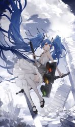 Rule 34 | 1girl, arm support, bare shoulders, black footwear, black necktie, black ribbon, blue hair, building, closed mouth, cloud, dress, finger on trigger, floating hair, full body, garter straps, girls&#039; frontline, grey dress, gun, holding, holding gun, holding weapon, lamppost, long hair, looking away, mary janes, necktie, nine (liuyuhao1992), no bra, ribbon, shipka (girls&#039; frontline), shoes, sidelocks, sitting, solo, striped clothes, striped thighhighs, thighhighs, thighs, traffic light, twintails, very long hair, weapon, white thighhighs, wind, wind lift