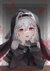 Rule 34 | 1girl, :d, arknights, blood, blush, buckle, gradient background, grey background, habit, hair between eyes, hands on own cheeks, hands on own face, highres, long hair, long sleeves, looking at viewer, myske (myst34415756), nun, open mouth, red eyes, silver hair, smile, solo, specter (arknights), upper body, yandere