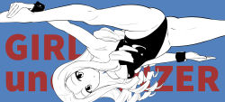 Rule 34 | 1girl, alternate costume, bare shoulders, barefoot, blue background, copyright name, drill hair, flexible, girls und panzer, greyscale, greyscale with colored background, highres, leg hold, leg up, leotard, long hair, looking at viewer, marie (girls und panzer), medium hair, monochrome, parted lips, partially colored, playboy bunny, saitou gabio, sideways, simple background, solo, split, standing, standing on one leg, standing split, strapless, strapless leotard, wrist cuffs