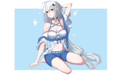 Rule 34 | 1girl, absurdres, ahoge, arknights, arm behind head, bare legs, bare shoulders, barefoot, black choker, blue shorts, breasts, chinese commentary, choker, cleavage, commentary request, hair between eyes, hair ornament, highres, light blue background, long hair, looking at viewer, low-tied long hair, medium breasts, midriff, navel, off-shoulder shirt, off shoulder, official alternate costume, orca hair ornament, parted lips, qi yi, red eyes, shirt, short shorts, short sleeves, shorts, silver hair, sitting, skadi (arknights), skadi (waverider) (arknights), solo, stomach, swimsuit, thighs, two-tone background, very long hair, white background, white headwear, white shirt, yokozuwari