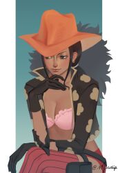 Rule 34 | 1girl, black gloves, blue eyes, bra, commentary, cropped jacket, crossed legs, earrings, english commentary, gloves, hat, hat feather, highres, jewelry, light smile, looking to the side, mole, mole under eye, mxsdip, nico robin, one piece, one piece film: z, orange hat, pink bra, ponytail, pouch, sitting, solo, thigh pouch, thighhighs, twitter username, underwear