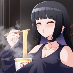 Rule 34 | 1girl, ^ ^, black choker, black dress, black hair, blunt bangs, bocchi the rock!, breasts, chin piercing, choker, chopsticks, cleavage, closed eyes, clothing cutout, colored inner hair, dress, ear piercing, eating, food, goth fashion, highres, holding, holding chopsticks, jewelry, long dress, long hair, medium breasts, multicolored hair, necklace, nissin cup noodle, noodles, okayu (joneydcd), open mouth, pa-san, piercing, purple hair, purple nails, ramen, ring, ring necklace, shoulder cutout, solo, steam