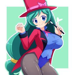 Rule 34 | 1girl, a-ktoo, ascot, blue eyes, blue leotard, blue shirt, bow, breasts, coattails, collared shirt, cowboy shot, creatures (company), francesca (pokemon), game freak, green background, green eyes, green hair, hat, hat bow, jacket, large breasts, leotard, long hair, long sleeves, looking at viewer, magician, nintendo, pokemon, pokemon (anime), pokemon dppt (anime), red jacket, shirt, solo, stick, tailcoat, top hat, two-tone background, very long hair, wand, white background