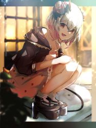 1girl 961nium bare_shoulders cat demon_tail dress hair_between_eyes hair_ornament hand_on_own_knee high_heels highres honey_strap jacket jacket_on_shoulders looking_at_viewer nanashi_inc. outdoors pink_dress red_eyes short_hair smile socks squatting suou_patra suou_patra_(5th_costume) tail virtual_youtuber