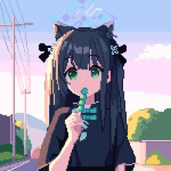 Rule 34 | 1girl, animal ears, black dress, black hair, blue archive, blue halo, day, dress, eating, extra ears, food, green eyes, halo, highres, holding, holding food, long hair, outdoors, pixel art, short sleeves, shun (blue archive), shun (small) (blue archive), solo, tinia etru, two side up, upper body