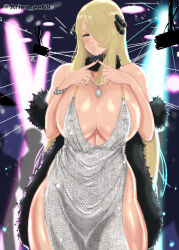Rule 34 | 1girl, backless dress, backless outfit, bare legs, bare shoulders, blonde hair, blush, bracelet, breasts, cleavage, coat, cosplay, cowboy shot, creatures (company), curvy, cynthia (pokemon), dress, evening gown, fur-trimmed coat, fur collar, fur trim, game freak, hair ornament, hair over one eye, halter dress, halterneck, highres, huge breasts, indoors, jade6699, jewelry, long hair, looking at viewer, necklace, nightclub, nintendo, no panties, open mouth, plump, plunging neckline, pokemon, pokemon dppt, revealing clothes, side slit, silver dress, solo, st. louis (azur lane), st. louis (azur lane) (cosplay), st. louis (luxurious wheels) (azur lane), stage lights, thighs