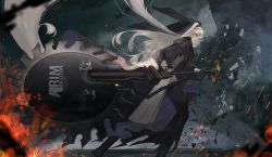 Rule 34 | 1girl, arknights, black nails, circular saw, debris, jewelry, long hair, nail polish, pendant, red eyes, saw, solo, sparks, specter (arknights), thighhighs, veil, very long hair, white hair