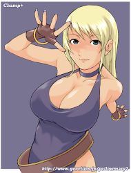 Rule 34 | 1girl, b.jenet, bare shoulders, belt, blonde hair, blue eyes, blush, bracelet, breasts, champ+, cleavage, collar, curvy, dress, elbow gloves, fatal fury, fingerless gloves, garou: mark of the wolves, gloves, hat, highres, jenet behrn, jewelry, large breasts, long hair, muscular, no bra, one eye closed, pirate, skirt, smile, snk, solo, the king of fighters, thighs, wink