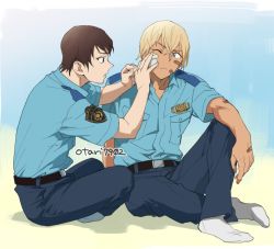 Rule 34 | 2boys, amuro tooru, applying bandages, bandage on face, bandages, bandaid, bandaid on arm, bandaid on face, bandaid on hand, belt, black belt, black pants, blonde hair, blue background, blue eyes, blue shirt, brown hair, closed mouth, collared shirt, commentary request, first aid, hair between eyes, indesign, indian style, knee up, looking at another, male focus, meitantei conan, multiple boys, no shoes, one eye closed, open mouth, pants, police, police uniform, policeman, scotch (meitantei conan), shadow, shirt, shirt tucked in, short hair, short sleeves, signature, sitting, socks, uniform, white legwear