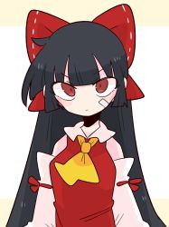 Rule 34 | 1girl, ascot, black hair, bow, collar, detached sleeves, hair bow, hair tubes, hakurei reimu, highres, long hair, looking at viewer, nontraditional miko, op na yarou, red bow, red eyes, red shirt, ribbon-trimmed sleeves, ribbon trim, shirt, sidelocks, sleeveless, solo, touhou, v-shaped eyebrows, white background, white collar, yellow ascot, yellow background