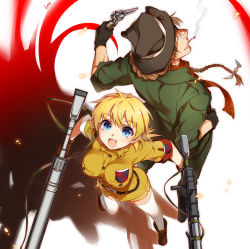 Rule 34 | 1boy, 1girl, anti-materiel rifle, asymmetrical dual wielding, back-to-back, belt, black footwear, black gloves, black hat, blonde hair, blue eyes, boots, braid, breast pocket, breasts, brown footwear, brown gloves, brown hair, cannon, cigarette, dual wielding, emblem, from above, gloves, green pants, green shirt, gun, handgun, hat, height difference, hellsing, hellsing 13.7mm baerlks, hellsing 30mm anti-tank cannon harkonnen, holding, holding gun, holding weapon, kayama (fukayama), large breasts, low twintails, military, military uniform, miniskirt, mouth hold, open mouth, pants, pencil skirt, pip bernardotte, pocket, revolver, rifle, scarf, seras victoria, shirt, short hair, simple background, skirt, sleeves rolled up, smoke, smoking, sniper rifle, taut clothes, taut shirt, teeth, thighhighs, twintails, uniform, upper teeth only, weapon, white thighhighs, yellow shirt, yellow skirt, zettai ryouiki