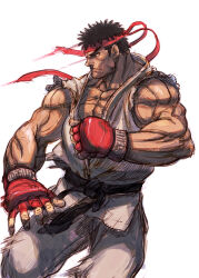 Rule 34 | 1boy, bingoman, black hair, boxing gloves, clenched hand, dougi, fighting stance, forked eyebrows, frown, headband, highres, looking ahead, male focus, muscular, muscular male, red headband, ryu (street fighter), short hair, solo, street fighter, thick eyebrows, unfinished