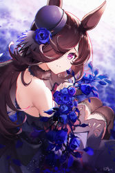 Rule 34 | 1girl, animal ears, back bow, baisi shaonian, bare shoulders, black bow, black thighhighs, blue background, blue dress, blue flower, blue hat, blue rose, bouquet, bow, breasts, brown hair, commentary request, detached sleeves, dress, eyelashes, flower, fur choker, hair over one eye, hat, hat flower, highres, holding, holding bouquet, horse ears, horse girl, horse tail, lace trim, long hair, looking at viewer, looking back, pink sleeves, purple eyes, rice shower (umamusume), rose, shy, sitting, sleeveless, sleeveless dress, small breasts, smile, solo, tail, thighhighs, thighs, umamusume