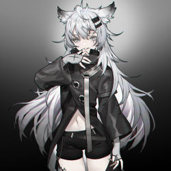 Rule 34 | 1girl, absurdres, alver, animal ear fluff, animal ears, antenna hair, arknights, black jacket, black nails, black shorts, commentary, cowboy shot, fingerless gloves, gloves, gradient background, grey gloves, grey hair, grin, hair between eyes, hair ornament, hairclip, hand up, highres, huge filesize, jacket, jewelry, lappland (arknights), long hair, long sleeves, looking at viewer, material growth, midriff, multiple rings, nail polish, oripathy lesion (arknights), ring, scar, scar across eye, scar on face, short shorts, shorts, smile, solo, standing, very long hair, wide sleeves, wolf ears