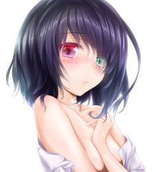 Rule 34 | 10s, 1girl, another, bare shoulders, black hair, blush, breasts, collarbone, covering privates, covering breasts, green eyes, heterochromia, looking at viewer, misaki mei, no bra, no eyepatch, off shoulder, red eyes, short hair, simple background, solo, upper body, white background, wingheart