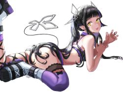 Rule 34 | 1girl, nanashi inc., absurdres, ass, black bow, black bra, black hair, black panties, black ribbon, blunt bangs, blush, bow, bow legwear, bra, breasts, commentary request, demon girl, demon horns, foot out of frame, frilled panties, frills, highres, horns, jewelry, kneehighs, kojo anna, leg ribbon, long hair, looking at viewer, looking back, medium breasts, multicolored hair, open mouth, panties, pointy ears, purple hair, purple socks, ribbon, ring, sankyo (821-scoville), shoes, simple background, smile, sneakers, socks, solo, sugar lyric, thigh strap, transparent background, twintails, two-tone hair, underwear, virtual youtuber, white footwear, yellow eyes