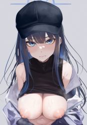 Rule 34 | 1girl, bare shoulders, baseball cap, black hair, black hat, black shirt, blue archive, blue eyes, breasts, breasts out, clothes pull, crop top, female focus, halo, hat, highres, jacket, large breasts, long hair, looking at viewer, navel, nipples, off shoulder, puffy nipples, saori (blue archive), shirt, shirt pull, simple background, sleeveless, sleeveless shirt, solo, steam, steaming body, suujiniku, sweat, upper body