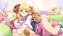 Rule 34 | 1girl, absurdres, ahoge, alternate costume, anila (granblue fantasy), bespectacled, blonde hair, blunt bangs, breasts, caesar salad, casual, curled horns, draph, glasses, granblue fantasy, highres, hikimayu, horns, jacket, large breasts, long hair, lying, midriff peek, miniskirt, nail polish, navel, on side, open clothes, open jacket, pillow, pink nails, sheep, shirt, side slit, skirt, smile, solo focus, thighs, wavy hair, white shirt