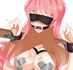 Rule 34 | 1girl, artist request, asphyxiation, bdsm, blindfold, blush, bondage, bound, breasts, character request, cleavage, cuffs, drooling, gag, gagged, long hair, neck grab, nude, pasties, pink hair, shiny skin, strangling, strangulation, tape, tape on nipples