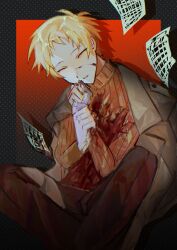 Rule 34 | 1boy, absurdres, atou haruki, blonde hair, blood, blood on clothes, blood on face, brown coat, brown pants, brown sweater, chinese commentary, chu jiu, closed eyes, coat, coat on shoulders, commentary request, highres, holding own wrist, long sleeves, male focus, pants, ribbed sweater, saibou shinkyoku, short hair, sitting, solo, sweater, turtleneck, turtleneck sweater